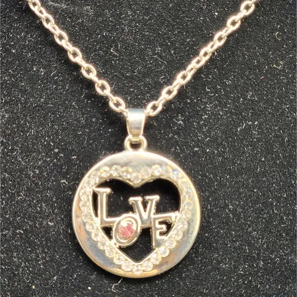 Vintage Heart Necklace Silver Heart Love Necklace Rhinestones Pink Stone Heart - Picture 7 of 8